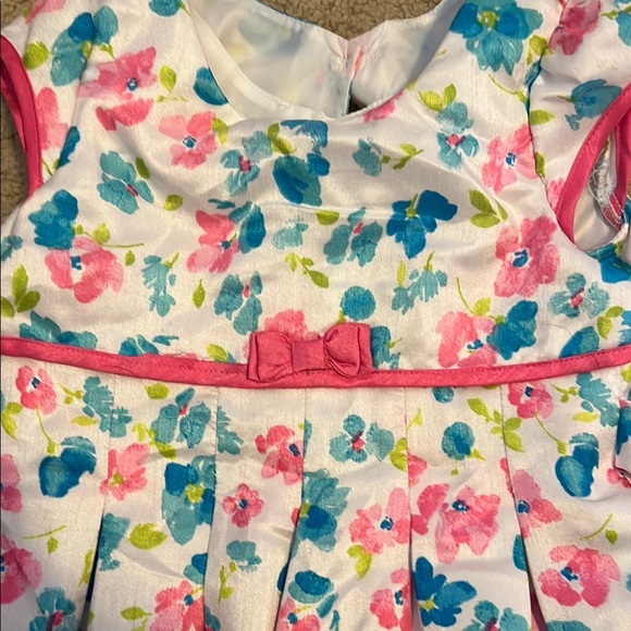 Spring Pink & Blue Pleated Tie Front Sundress with Flutter Sleeves and Bow - Picture 2 of 6